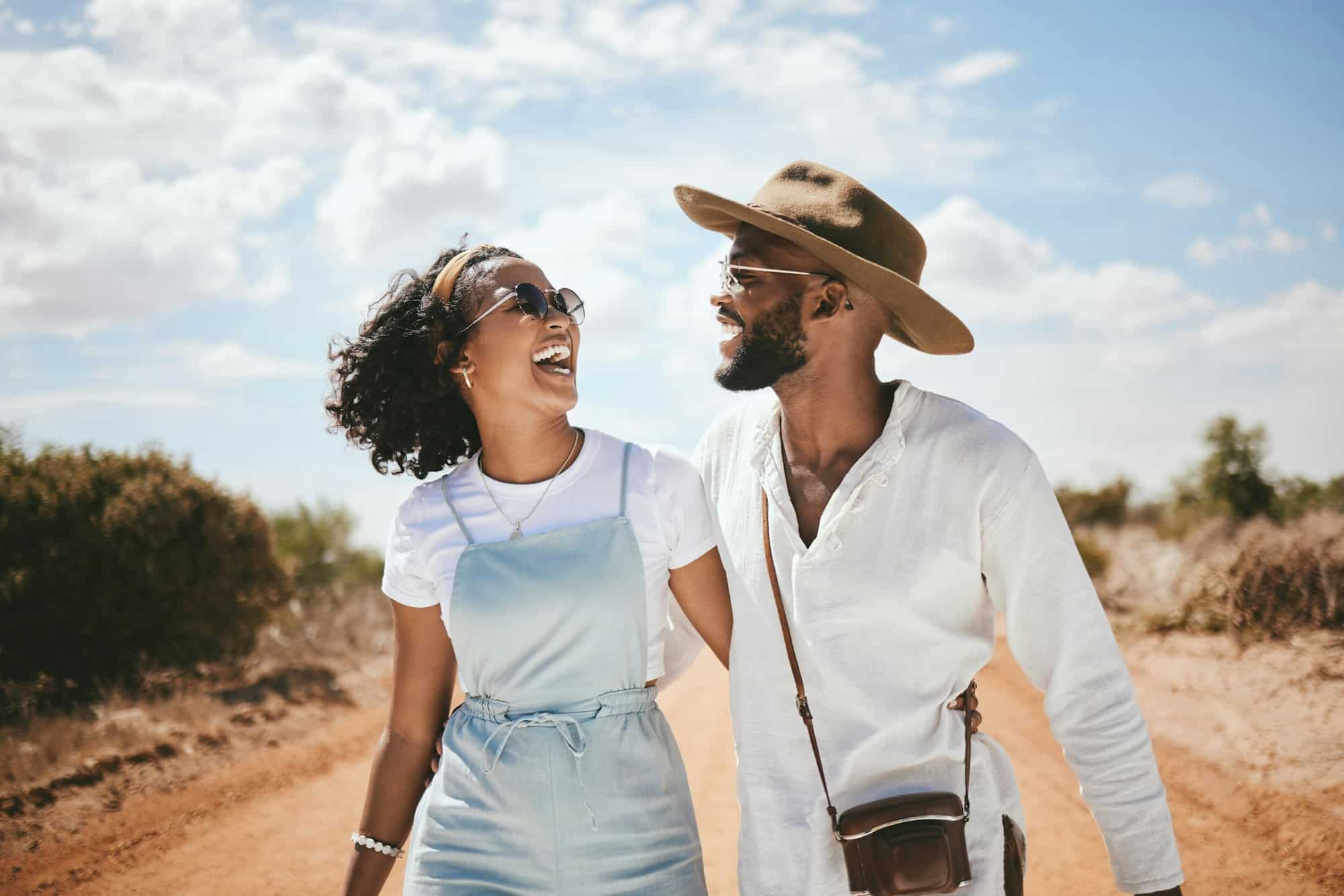 Couple, travel and happy outdoor road trip of black people enjoying nature with love. Happiness of Couple, travel and happy outdoor road trip of black people enjoying nature with love. Happiness of